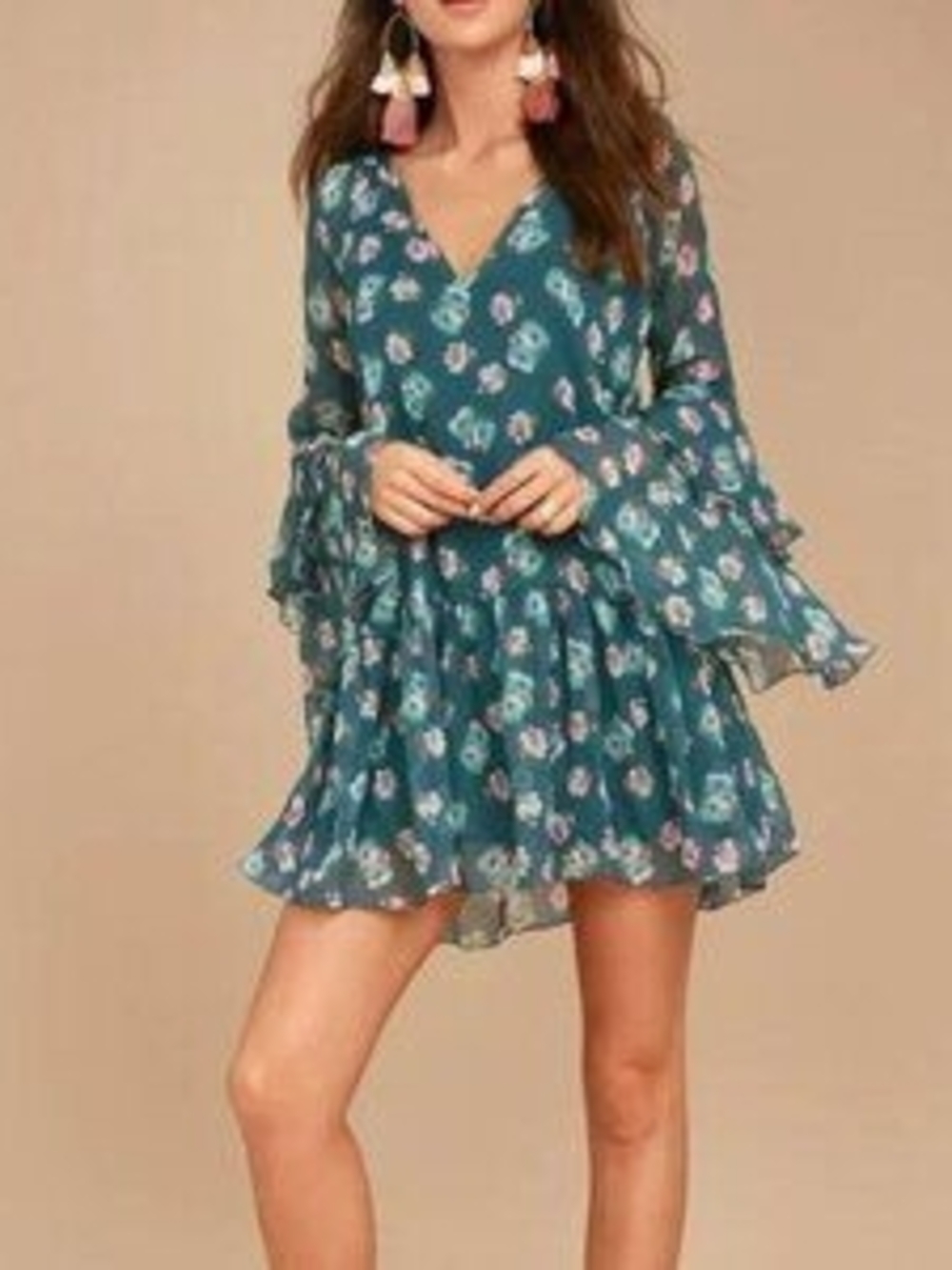 Billabong Teal Floral V-Neck Ruffle Mini Dress